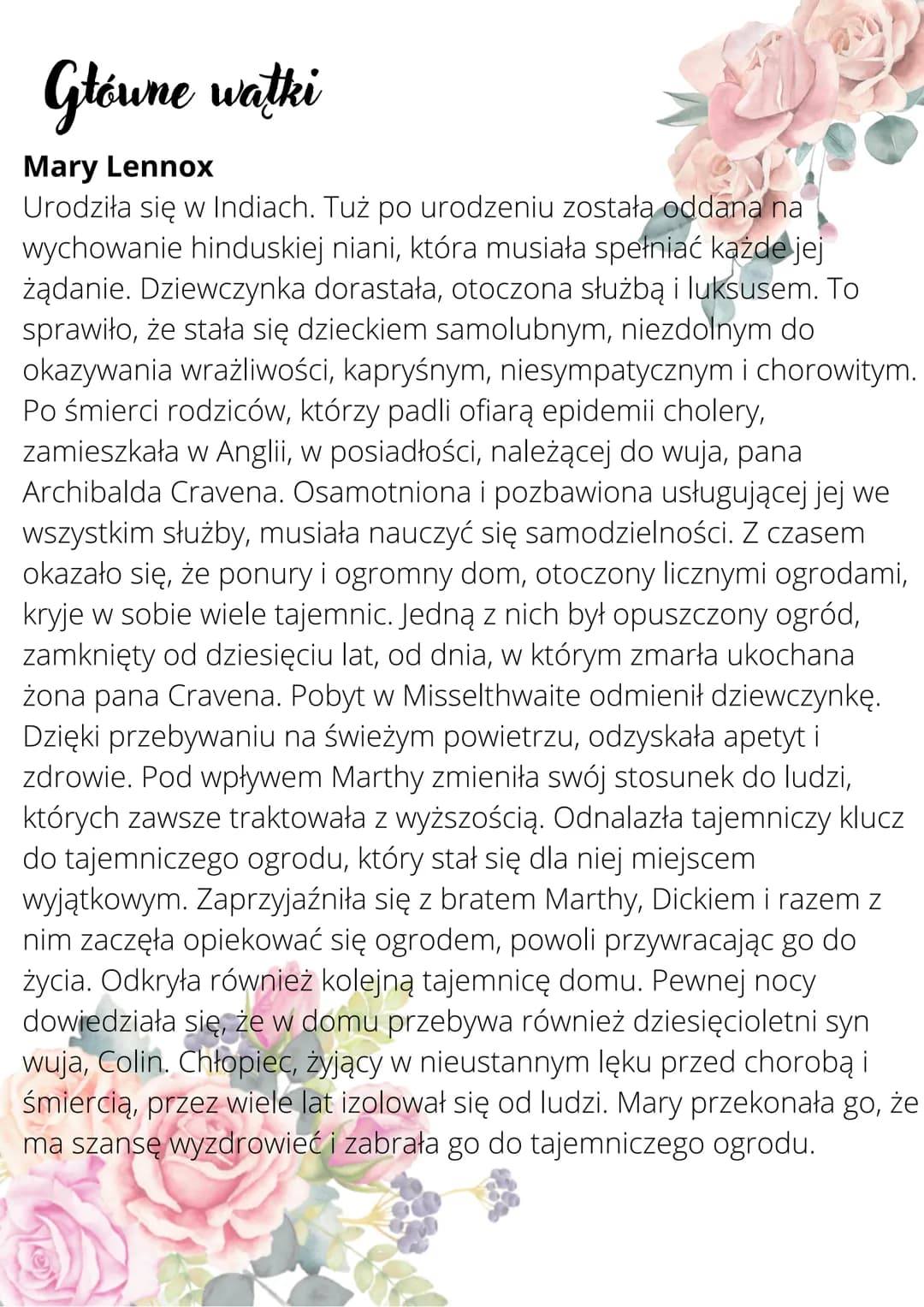 Tajemniczy ogród
Frances Hodgson Burnett
Czas i miejsce akcji
Akcja powieści rozgrywa się w przeciągu kilku
miesięcy pod koniec XIXw. (od wc