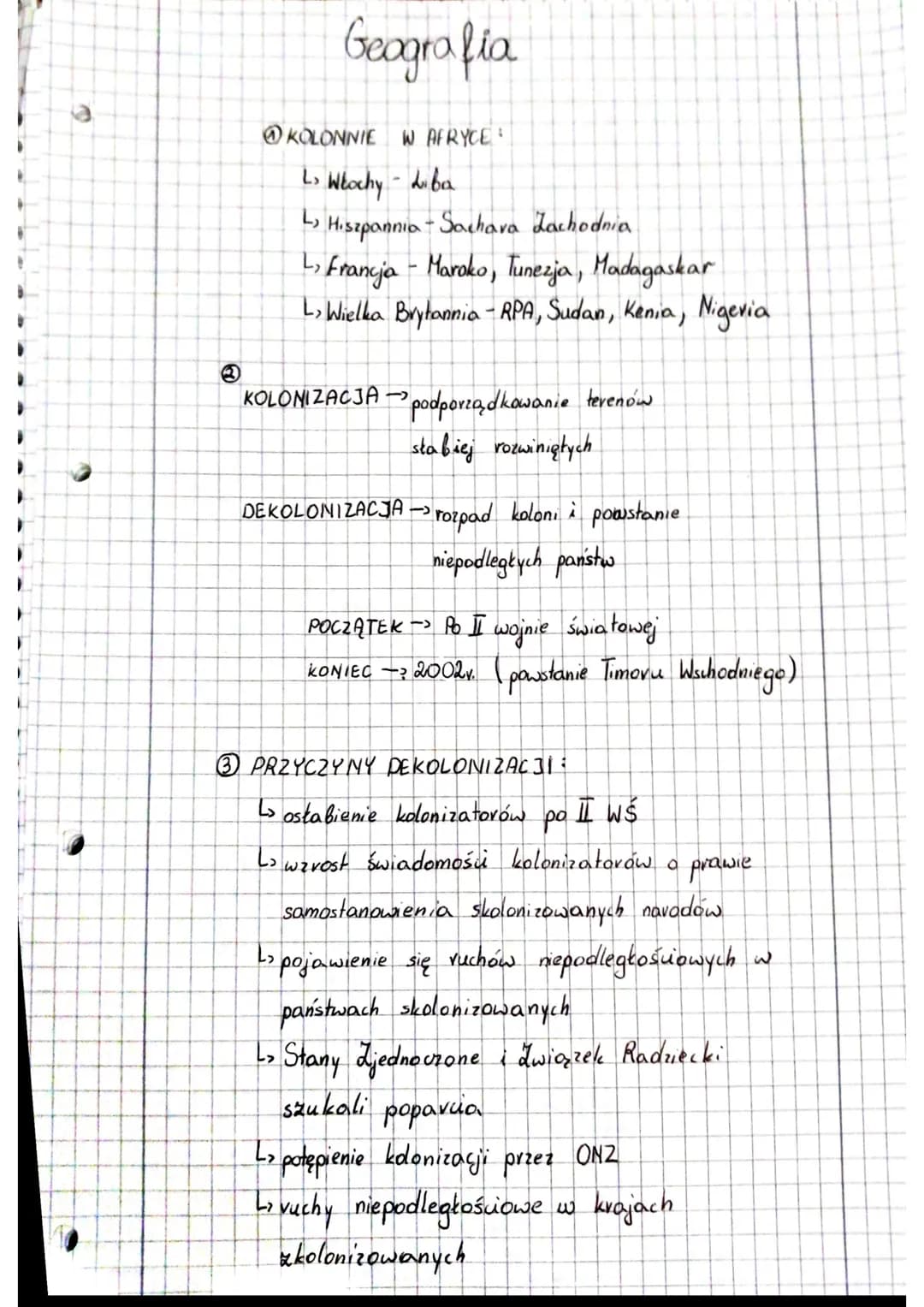 Geografia
KOLONNIE W AFRYCE:
L> Włochy - Libr
L) Hiszpannia - Sachara Zachodnia.
2₂ Francja - Maroko, Tunezja, Madagaskar
L> Wielka Brytanni