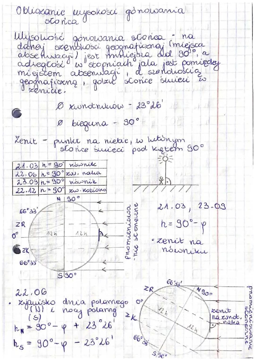 Obliczanie wysokości górowania słońca.