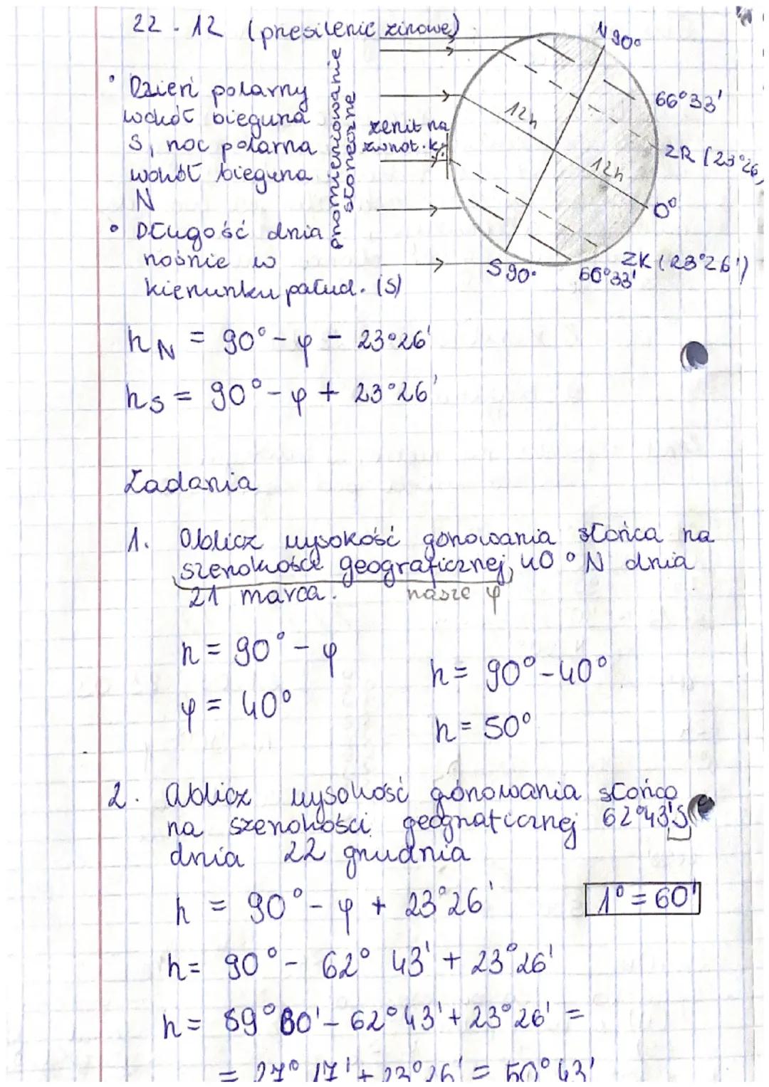 Oblicoxzanie wysokości gónowania
Ulysokość gonowania storica - na
dochaj szenokości geograficznej (miejsca
abse huvacyi) jest mniejora ad go