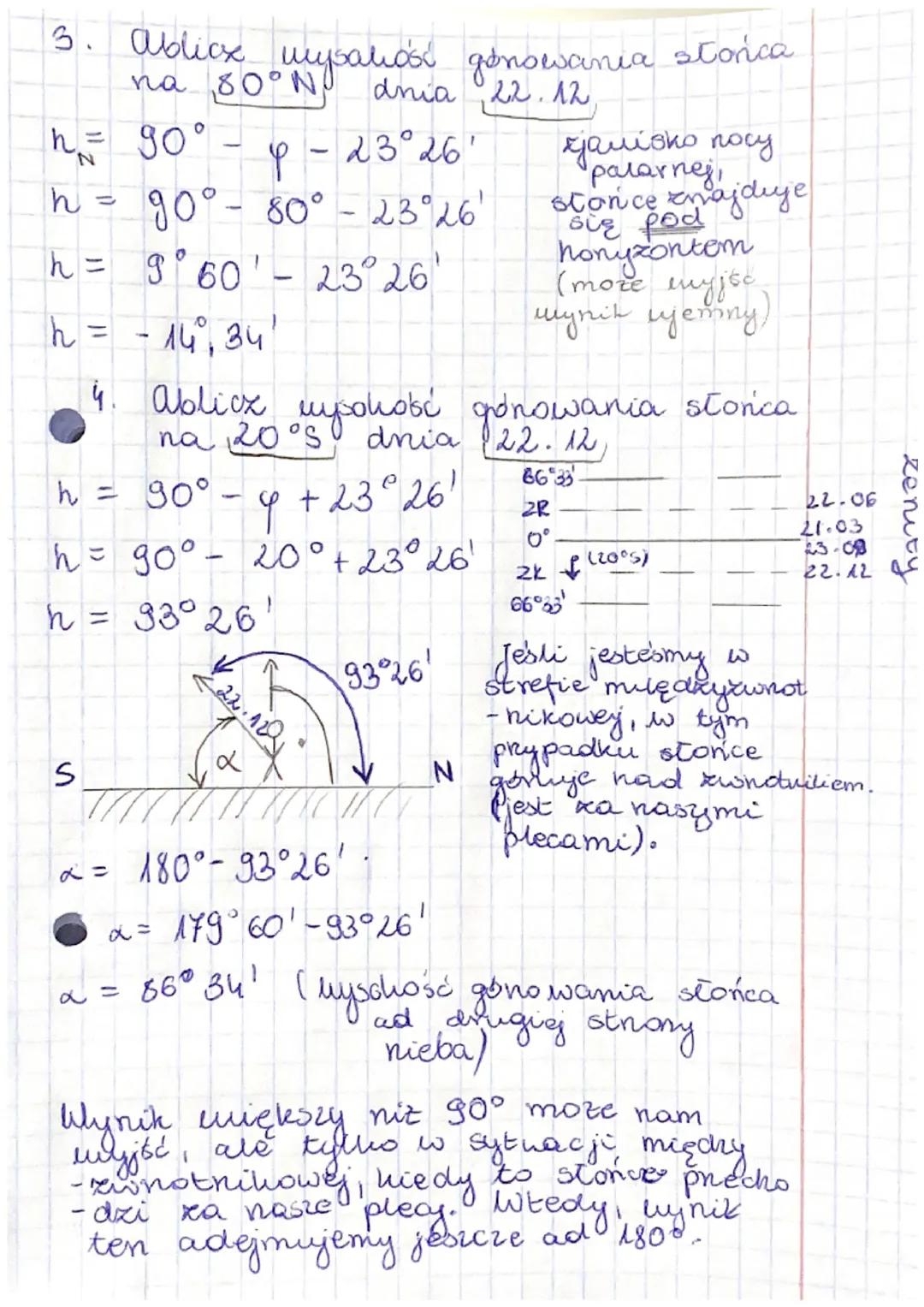 Oblicoxzanie wysokości gónowania
Ulysokość gonowania storica - na
dochaj szenokości geograficznej (miejsca
abse huvacyi) jest mniejora ad go