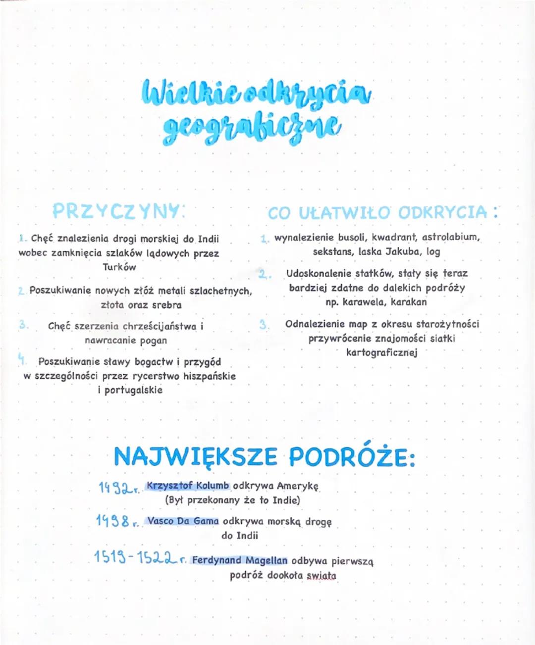 Wielkie odkrycia
geograficzne
PRZYCZYNY:
1. Chęć znalezienia drogi morskiej do Indii
wobec zamknięcia szlaków lądowych przez
Turków
2. Poszu