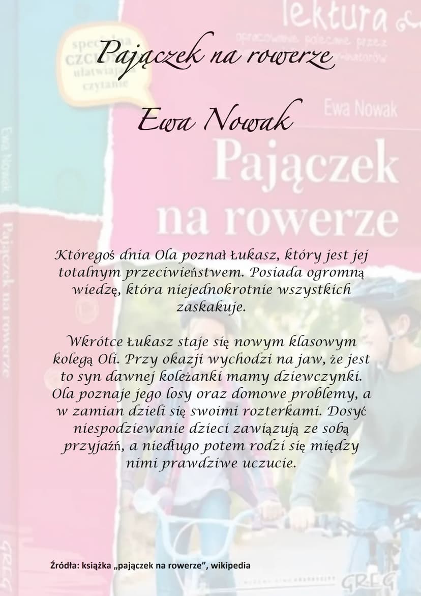 Ewa Nowak
Pajączek na rowerze
GREC
spe
Pajaczek na
lektura &
cane przez
na rowerzenatorów
czytanie
Ewa Nowak Ewa Nowak
Pajączek
Akcja utworu