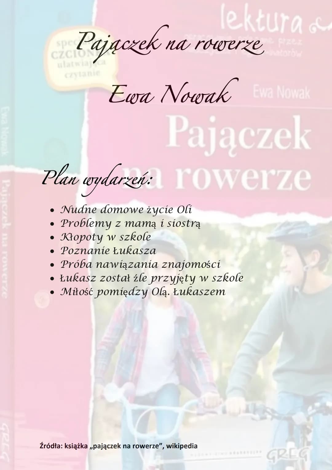 Ewa Nowak
Pajączek na rowerze
GREC
spe
Pajaczek na
lektura &
cane przez
na rowerzenatorów
czytanie
Ewa Nowak Ewa Nowak
Pajączek
Akcja utworu