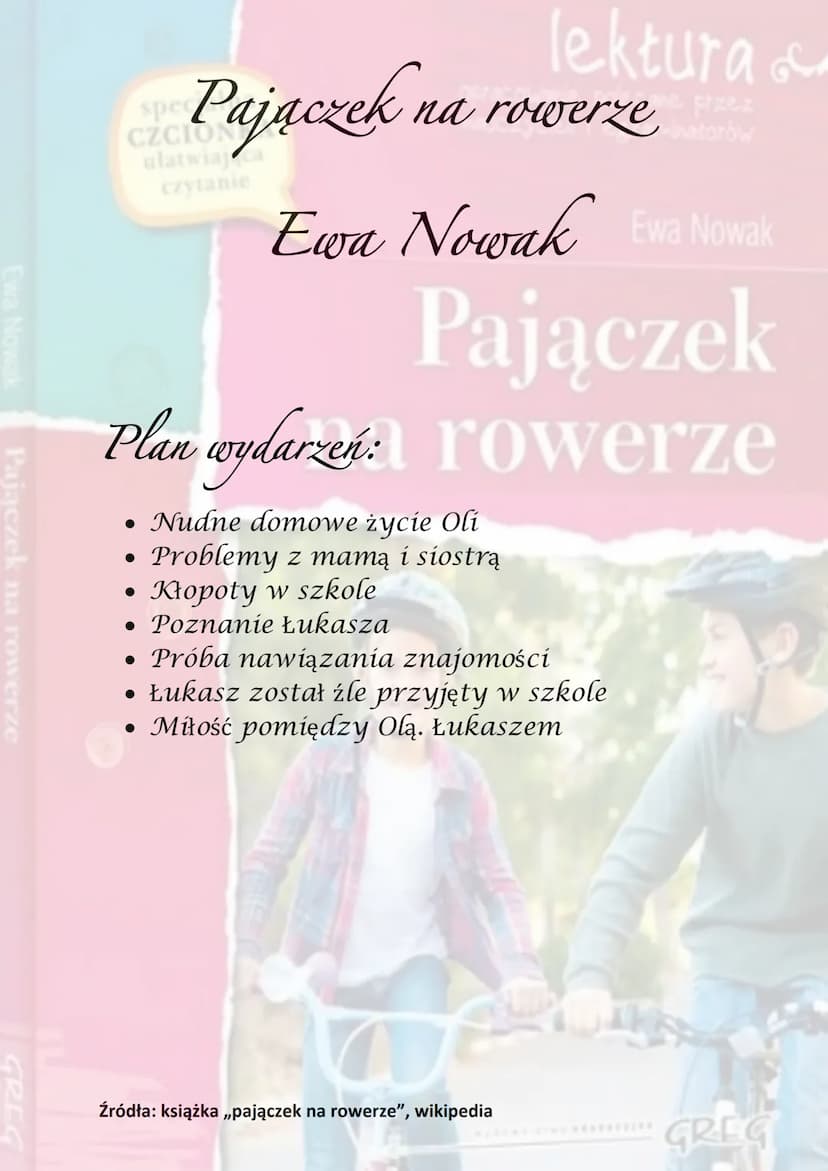 Ewa Nowak
Pajączek na rowerze
GREC
spe
Pajaczek na
lektura &
cane przez
na rowerzenatorów
czytanie
Ewa Nowak Ewa Nowak
Pajączek
Akcja utworu