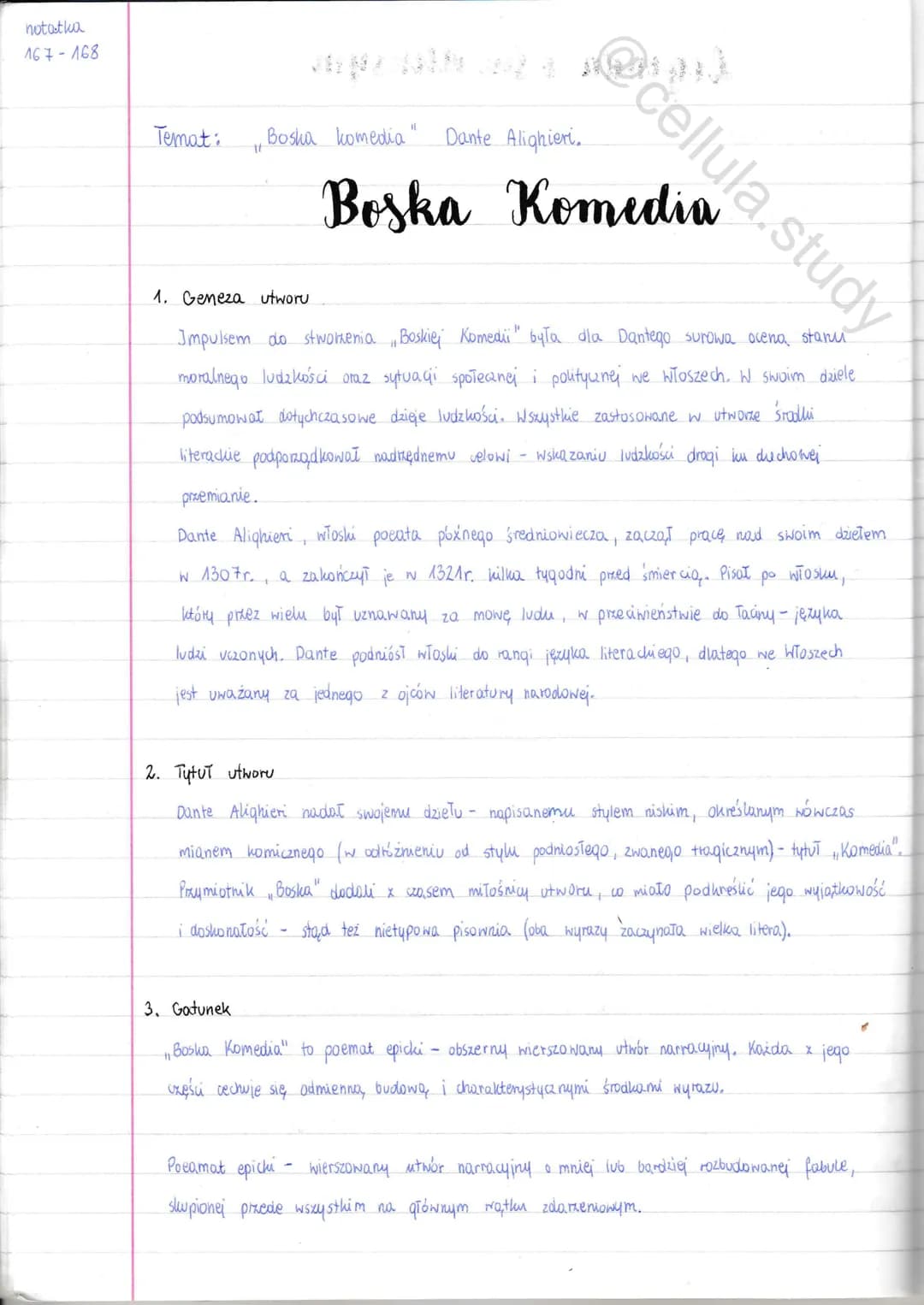 notatka
167-168
Temat:
it
Boska komedia "
@cellula.study
Dante Alighieri.
und
Boska Study
1. Geneza utworu
Impulsem do stworenia Boskiej Kom