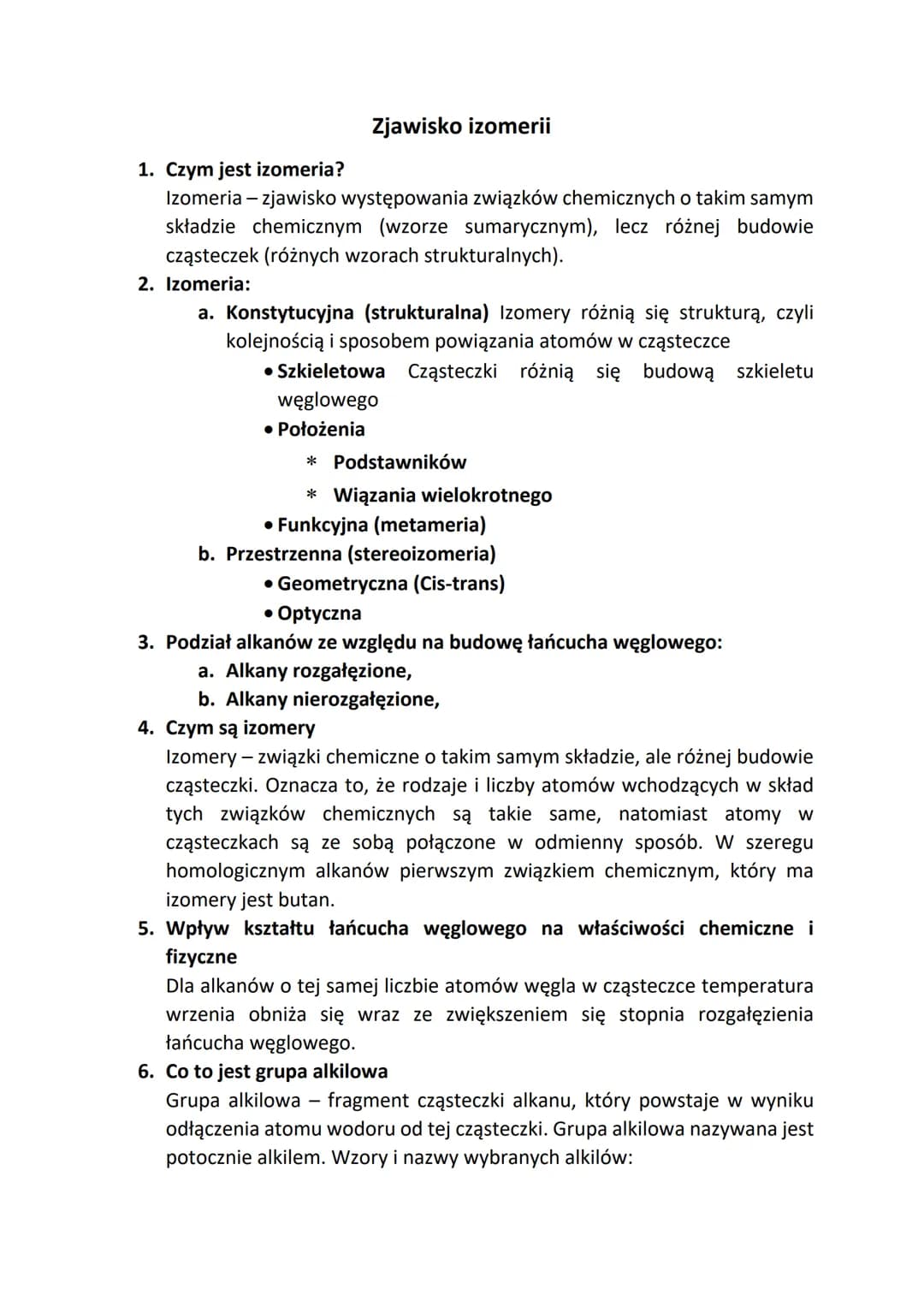 <h2 id="izomeria">Izomeria</h2>
<p>Czym jest izomeria?</p>
<p>Izomeria to zjawisko występowania związków chemicznych o takim samym składzie 
