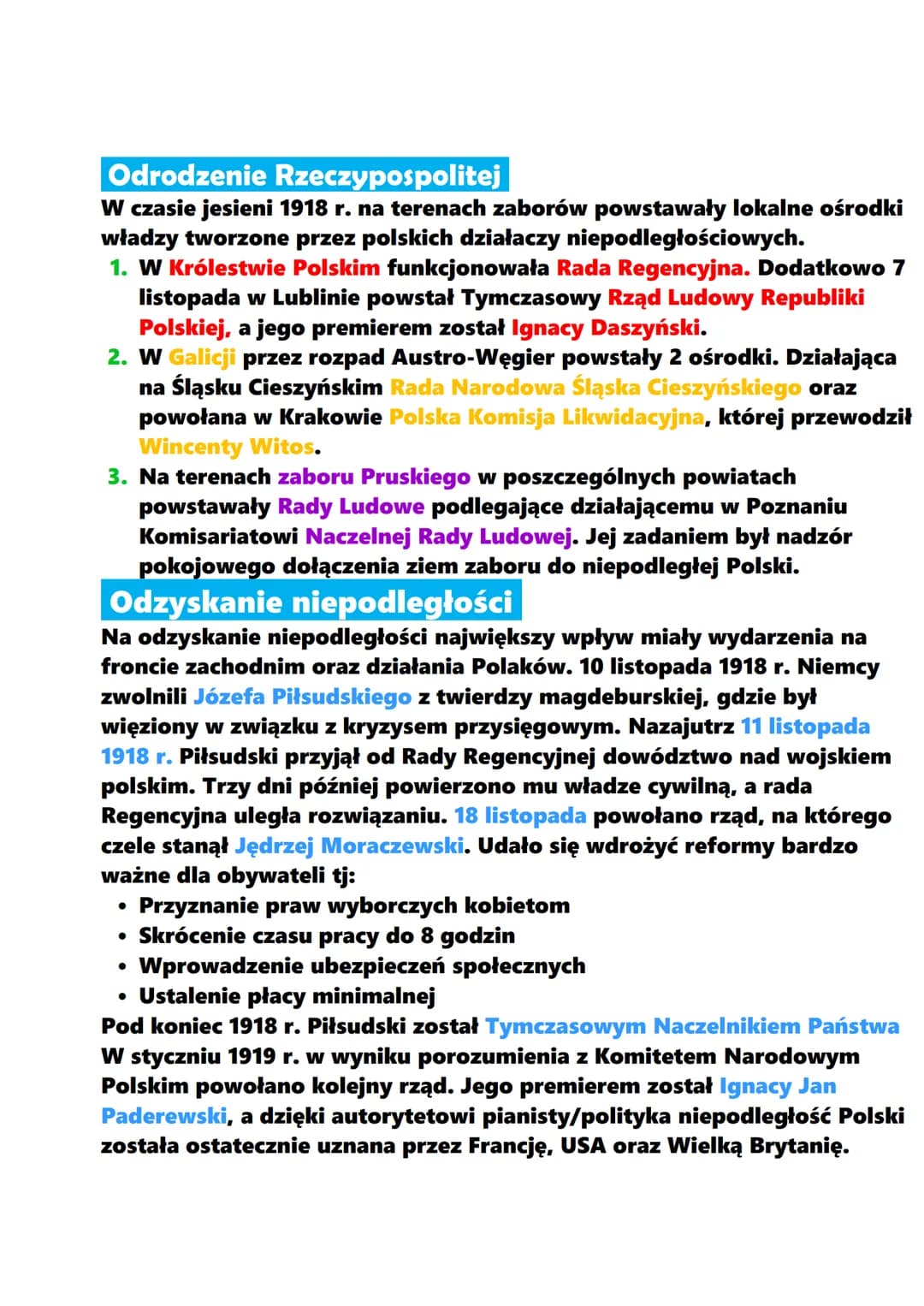 Odrodzenie Rzeczypospolitej
W czasie jesieni 1918 r. na terenach zaborów powstawały lokalne ośrodki
władzy tworzone przez polskich działaczy