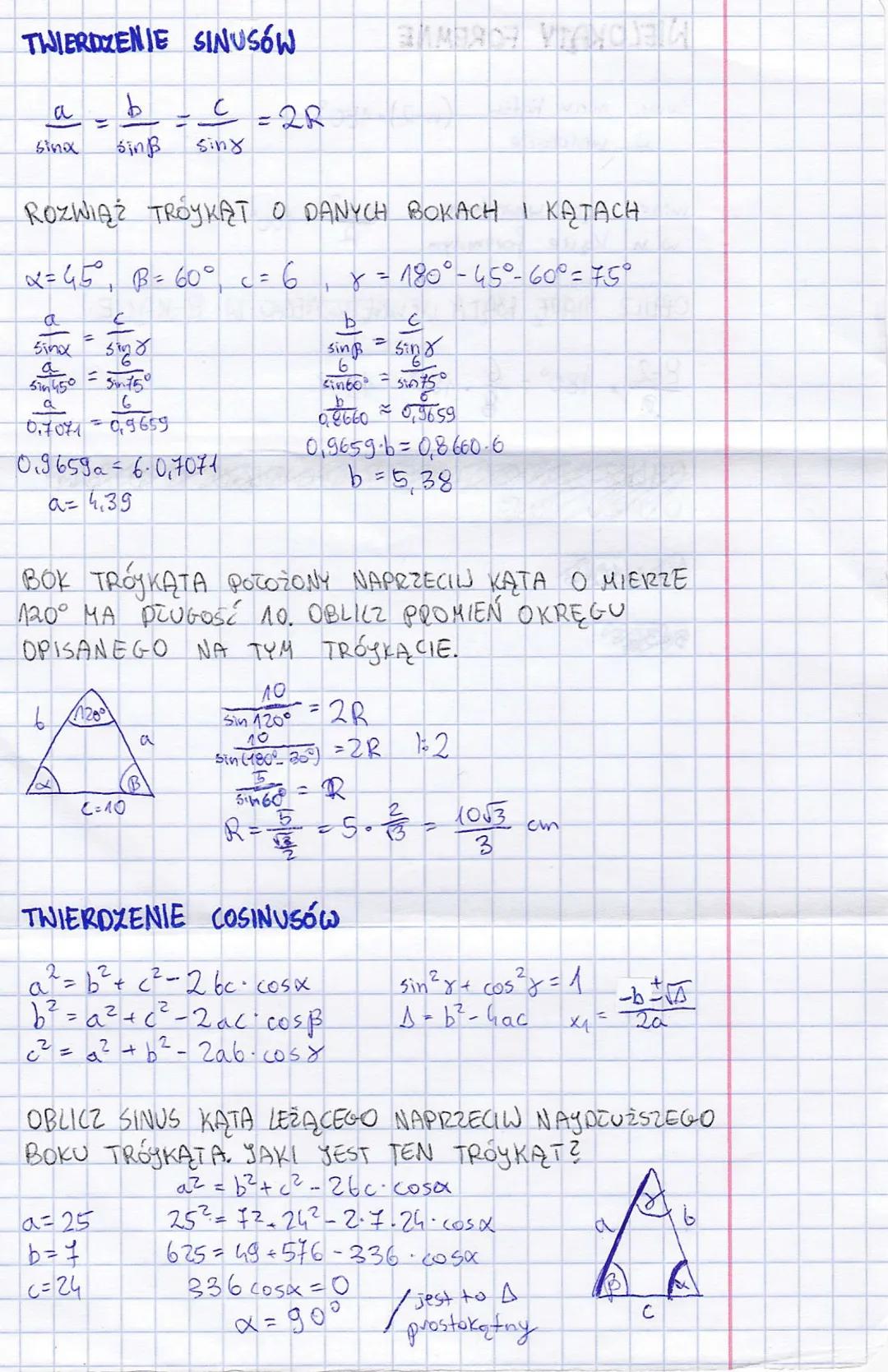# TWIERDZENIE SINUSÓW

$\frac{a}{sina} = \frac{b}{sin\beta} = \frac{c}{sin\gamma} = 2R$

ROZWIĄŻ TRÓJKĄT O DANYCH BOKACH I KĄTACH

$\alpha$=