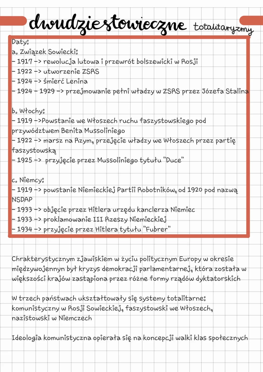 dwudziestowieczne totalitaryzmy
Daty:
a. Związek Sowiecki:
- 1917 -> rewolucja lutowa i przewrót bolszewicki w Rosji
- 1922 -> utworzenie ZS