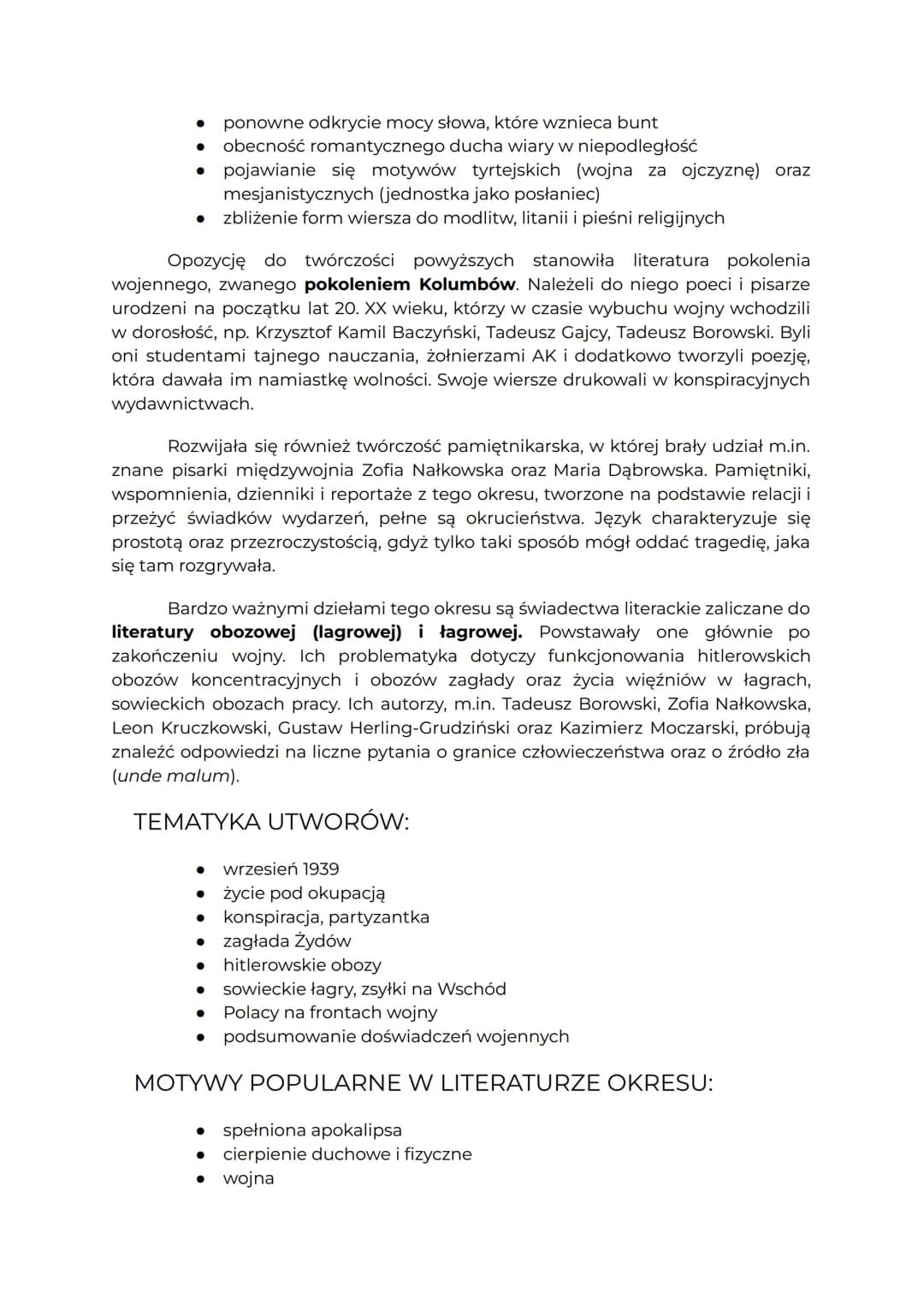 LITERATURA WOJNY I OKUPACJI
CHRONOLOGIA
Ramy czasowe są ściśle związane z wybuchem i zakończeniem II wojny
światowej.
●
INNE NAZWY EPOKI
poc