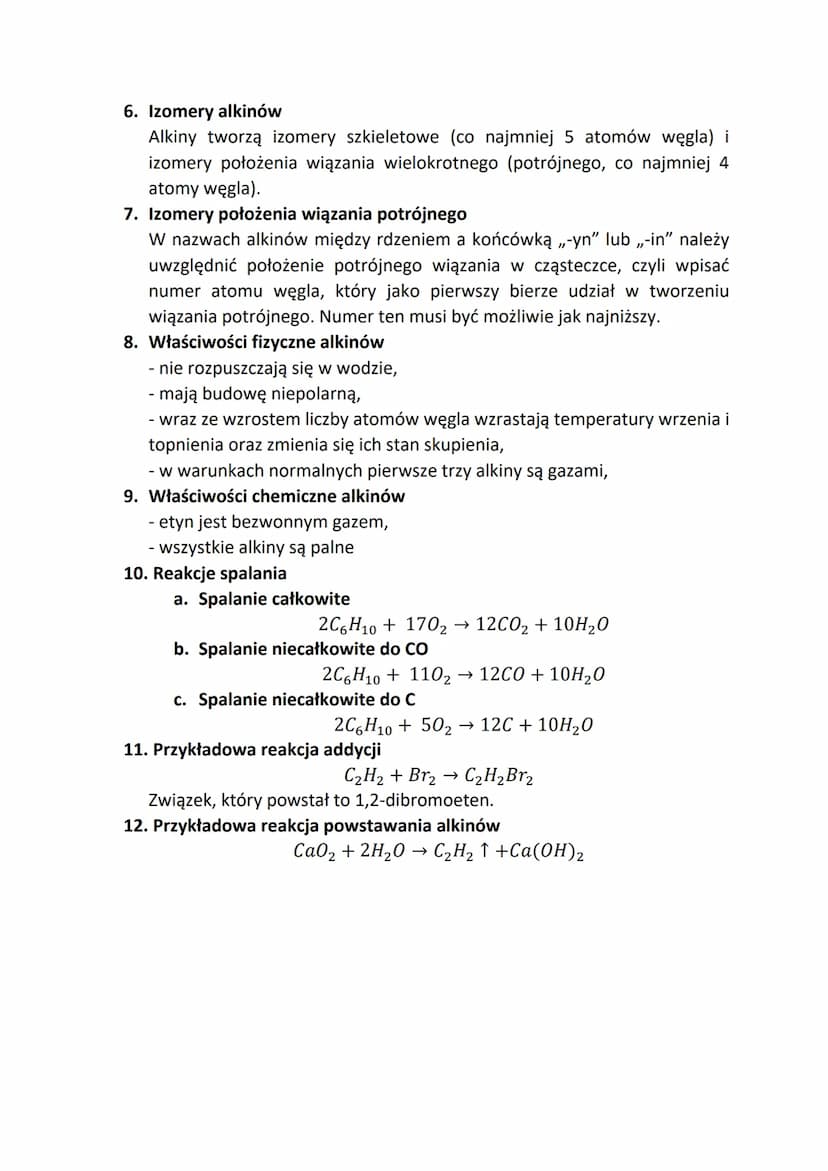 Alkiny
1. Co to są alkiny?
Alkiny - węglowodory nienasycone. W ich cząsteczkach występuje jedno
wiązanie potrójne między atomami węgla.
2. B