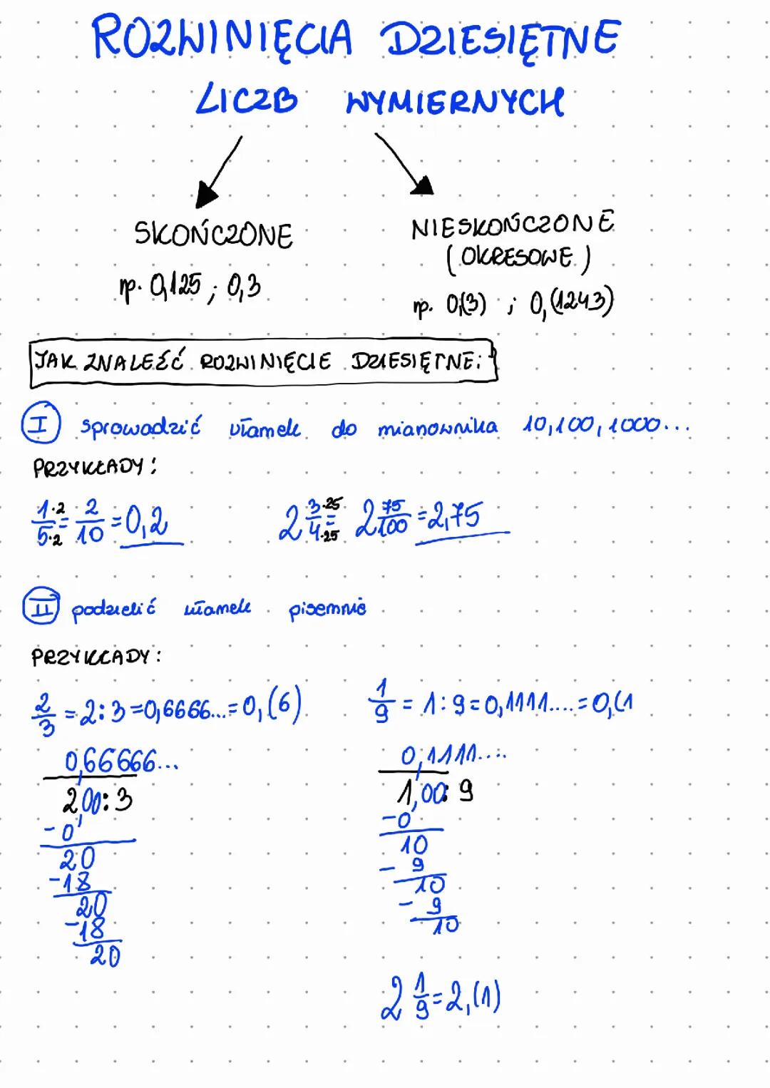 Rozwinięcia dziesiętne liczb wymiernych - zadania i przykłady dla klasy 7