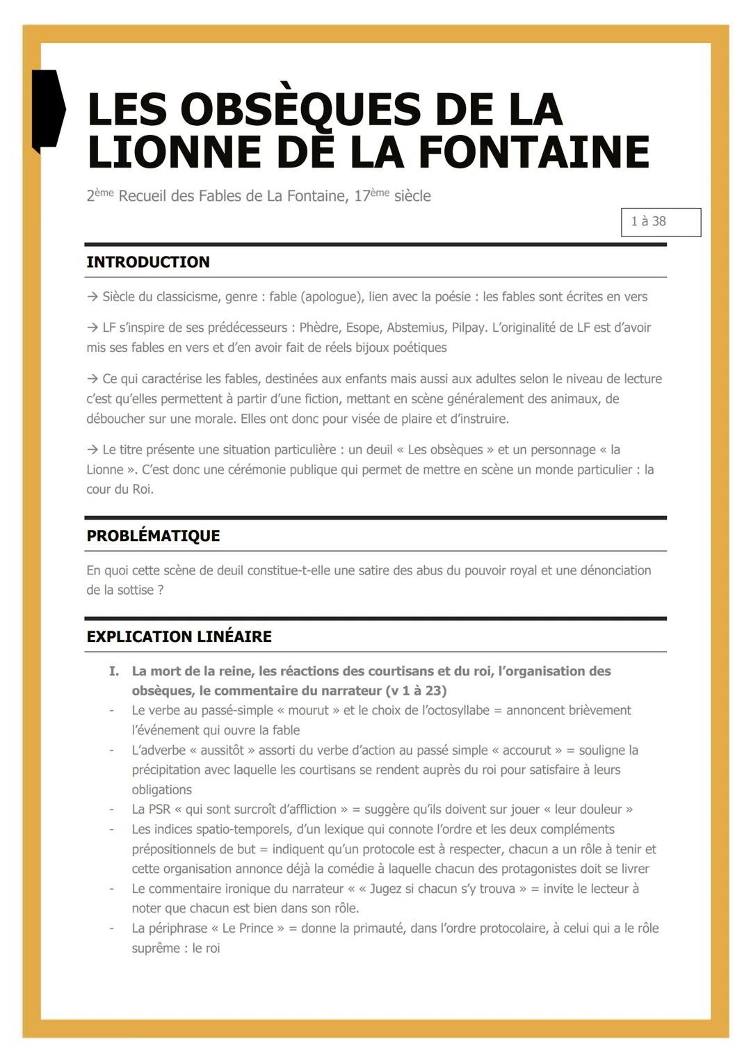 # LES OBSÈQUES DE LA
# LIONNE DE LA FONTAINE
2ème Recueil des Fables de La Fontaine, 17ème siècle
1 à 38

INTRODUCTION

→ Siècle du classici