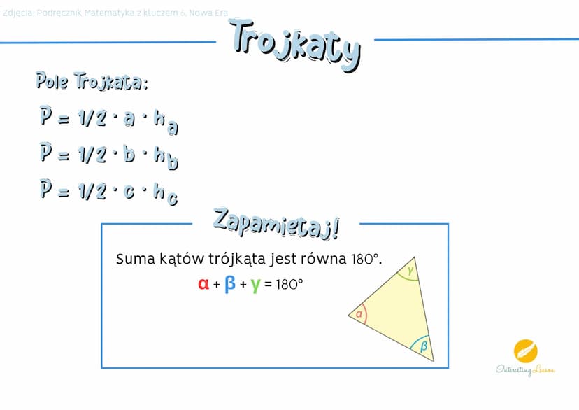 Trojkacy
Klasyfikacja trojkatow ze wzgledu na kacy:
Zdjęcia: Podręcznik Matematyka z kluczem 6. Nowa Era
a iß - kąty ostre
Y < 90°
trójkąt o