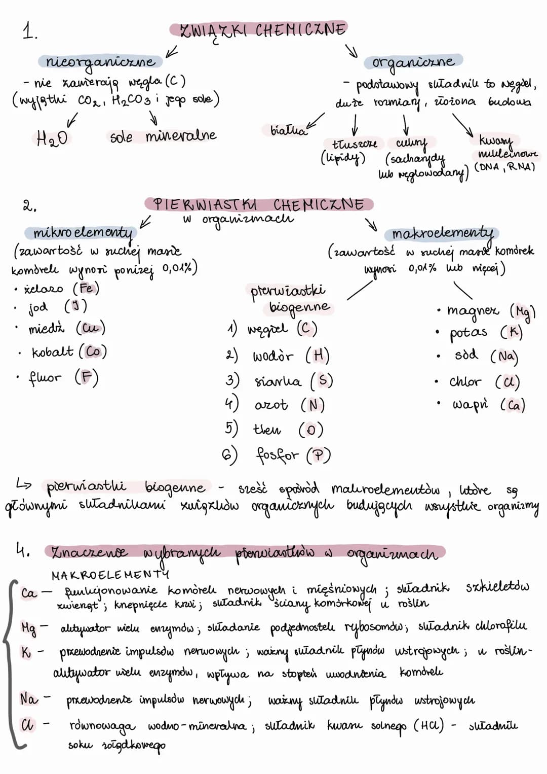 nicorganiczne
nie zawierają węgla (C)
(wysthi CO₂, H₂CO3 i jego soke)
✓
H₂O
sole mineralne
•
1.
.
.
.
2.
mikroelementy
suckiej
(zawartość w
