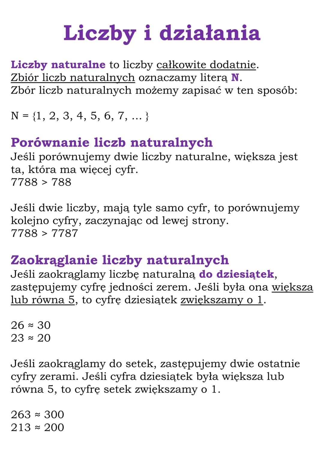 Liczby i działania
Liczby naturalne to liczby całkowite dodatnie.
Zbiór liczb naturalnych oznaczamy literą N.
Zbór liczb naturalnych możemy 