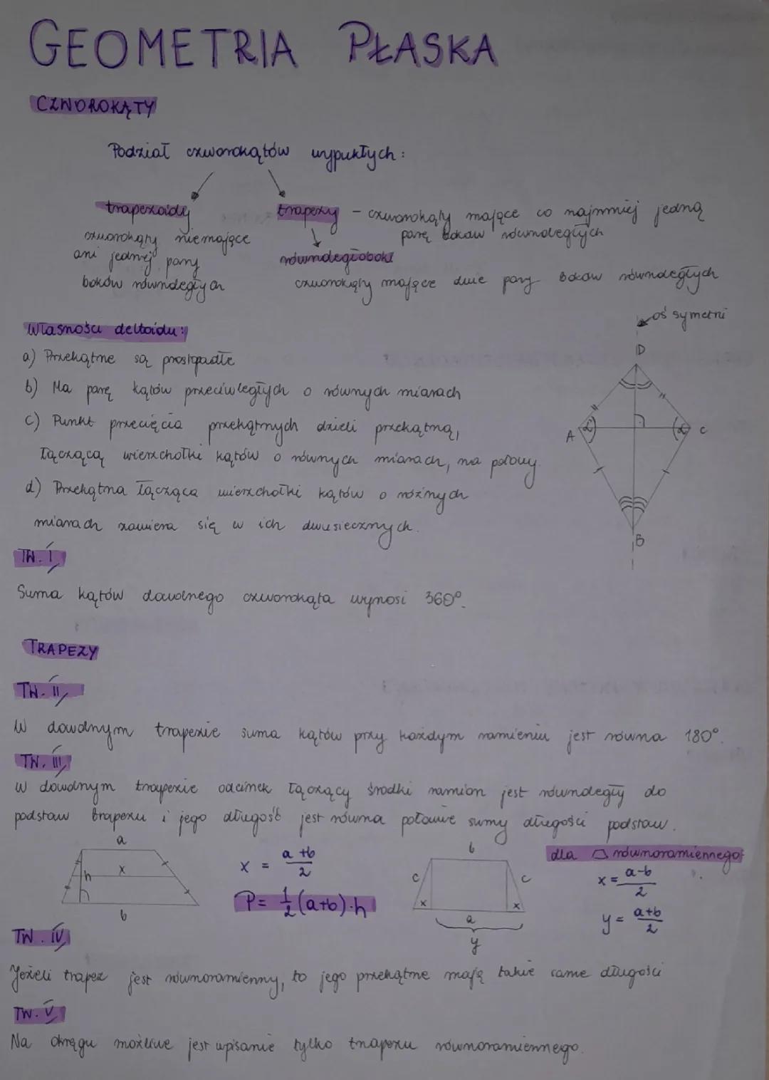 Geometria płaska: czworokąty sprawdzian 3 liceum PDF - wzory i zadania