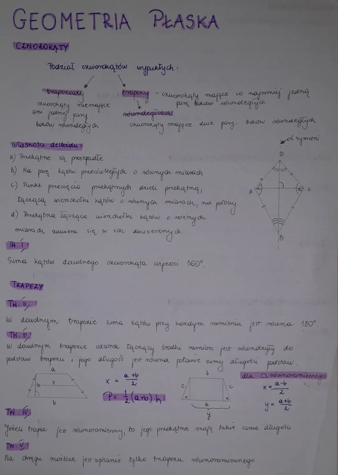 GEOMETRIA PŁASKA
CINDROKĄTY
Podział czworokątów wypukłych:
trapezoidy
oxuardngry nie mające
jednej pary
boków nowndegły on
ani
TW.
mianach z