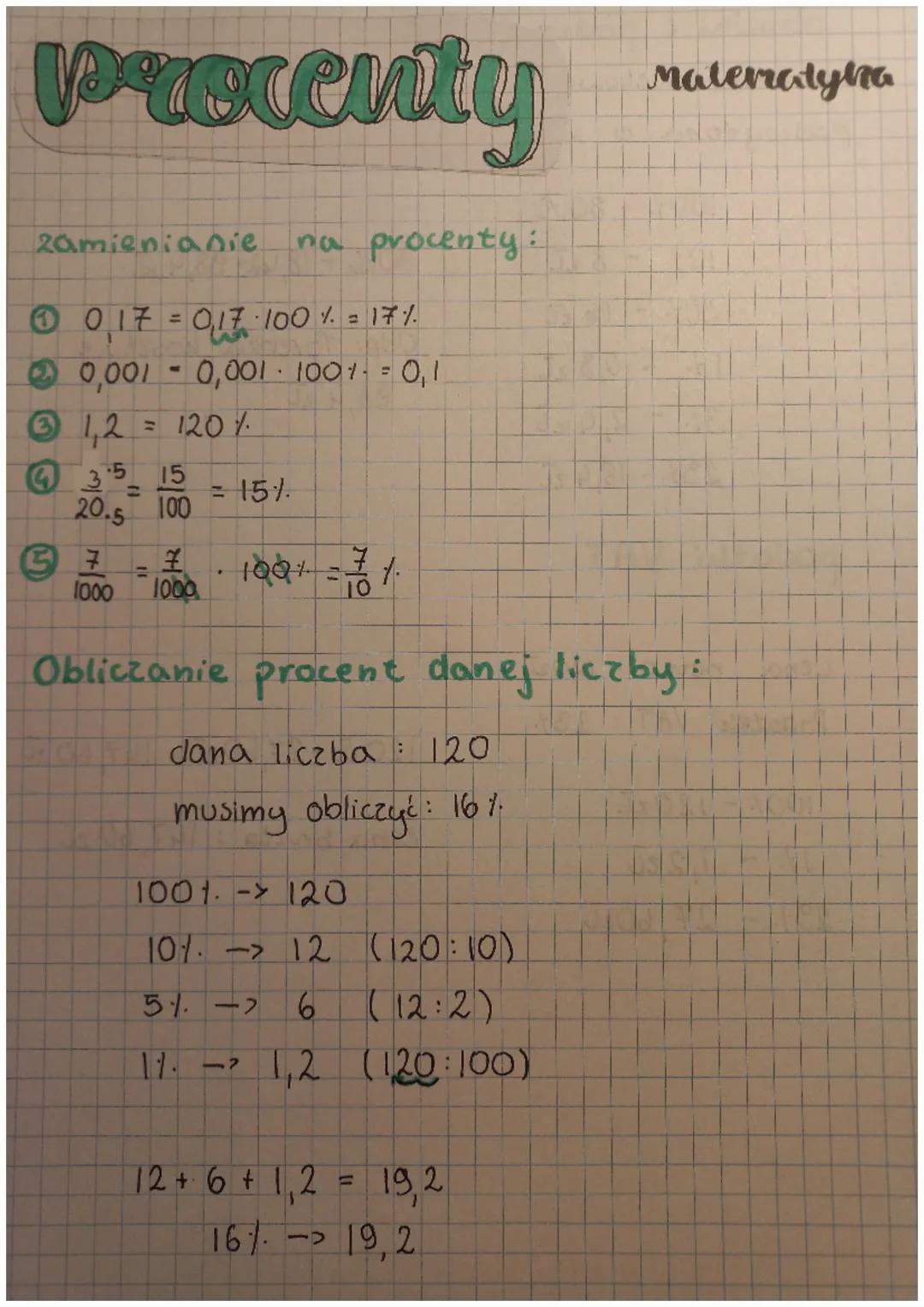 procenty
zamienianie na procenty:
Ⓒ 017 = 0,17·100% = 17%
0,001 - 0,001 1001 = 0,1
Ⓒ 1,2 = 120%.
43 5 15
100
20.
0.5
37
1000
ICA
7
1000
15%.