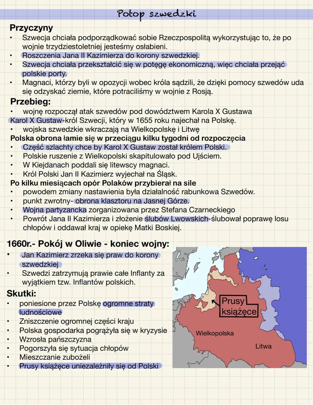 ●
Potop szwedzki
Przyczyny
Szwecja chciała podporządkować sobie Rzeczpospolitą wykorzystując to, że po
wojnie trzydziestoletniej jesteśmy os