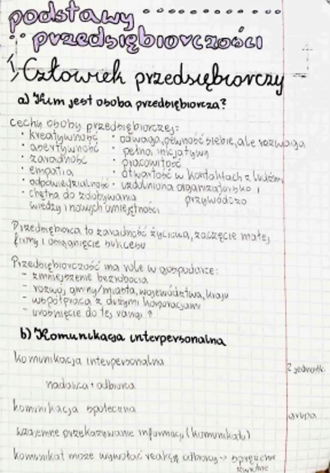 Podstawy przedsiębiorczości: Człowiek przedsiębiorczy - Notatka z kluczowymi tematami