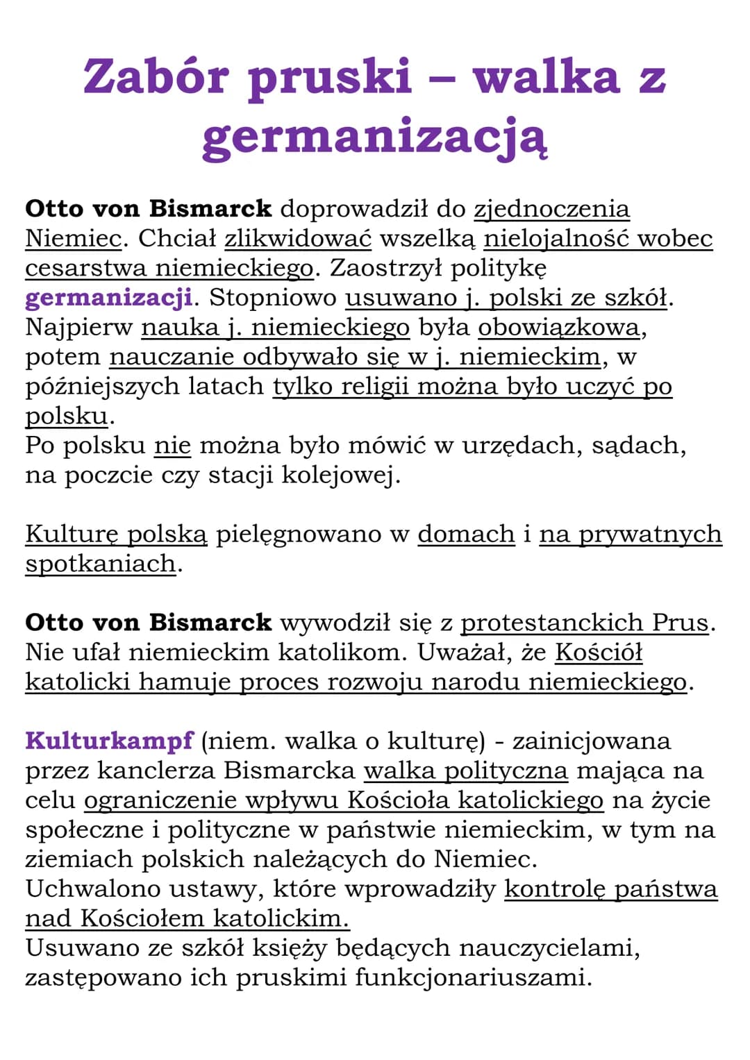 Zabór pruski – walka z
germanizacją
Otto von Bismarck doprowadził do zjednoczenia
Niemiec. Chciał zlikwidować wszelką nielojalność wobec
ces