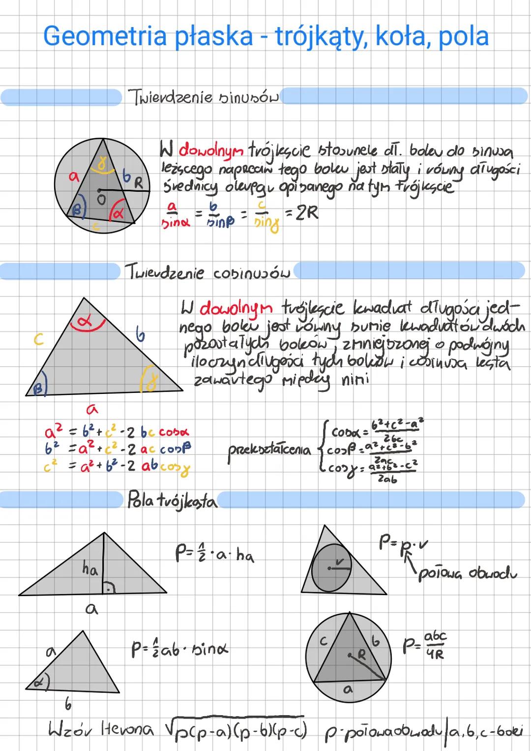 Geometria płaska - trójkąty, koła, pola
6
a
ha
5
Twierdzenie Dinusów
OR
2
W dowolnym trójkącie stosunele dł. bolev do sinusa
leżącego naproa