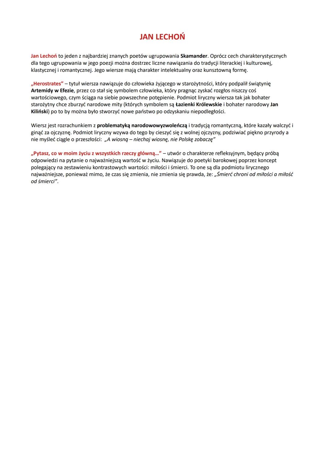 # JAN LECHOŃ

Jan Lechoń to jeden z najbardziej znanych poetów ugrupowania Skamander. Oprócz cech charakterystycznych
dla tego ugrupowania w