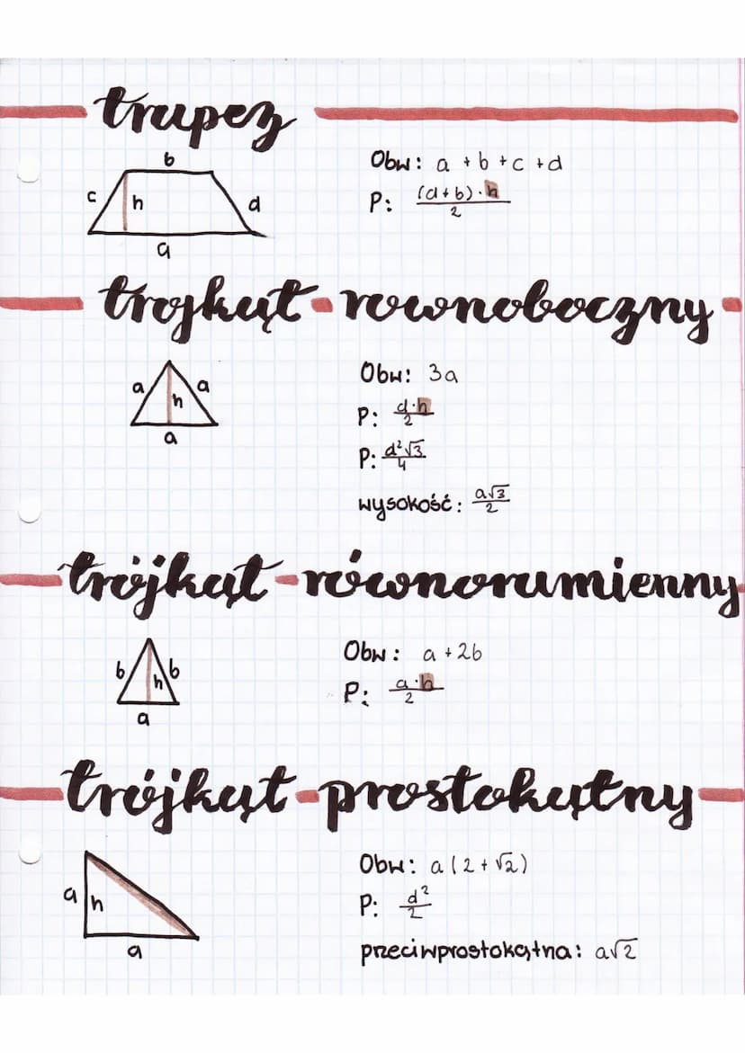 figury na plaszczyźnie
kwadrut
a
a
a
h
a
a
prostokąt
b
b
Or
a
Obw: atata +a = 4a
P:
a
2
a
P: 0²
przekątna: a√T
równoległobok
1/
--romb
n
Obu