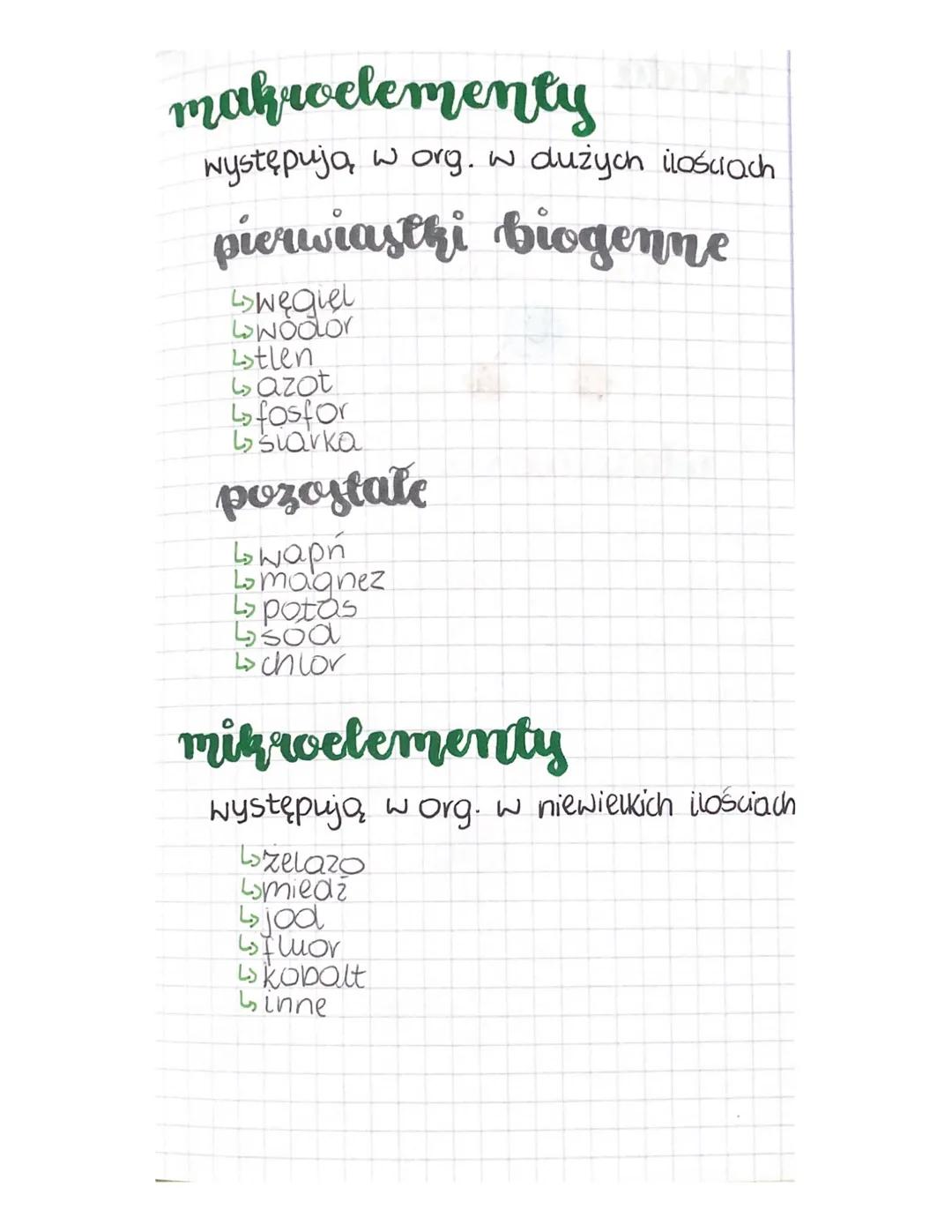 makroelementy
występują w org. W dużych iloscrach
pierwiasthi biogenne
↳węgiel
Lowodor
Lstlen
↳azot
Lofosfor
↳siarka
pozostałe
Lowapn
Lomagn