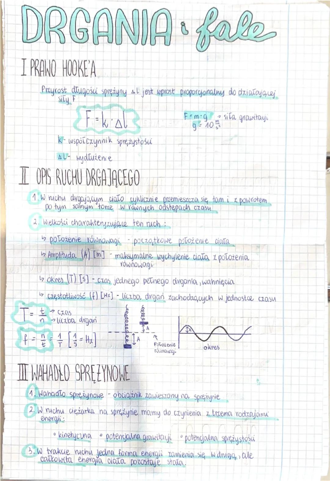 DRGANIA fale
I PRAWO HOOKE'A
Przyrost długości sprężyny &l jest wprost proporcjonalny do działającej
siły F
F=k*Δl
F=m*g siła grawitacji
g≈1