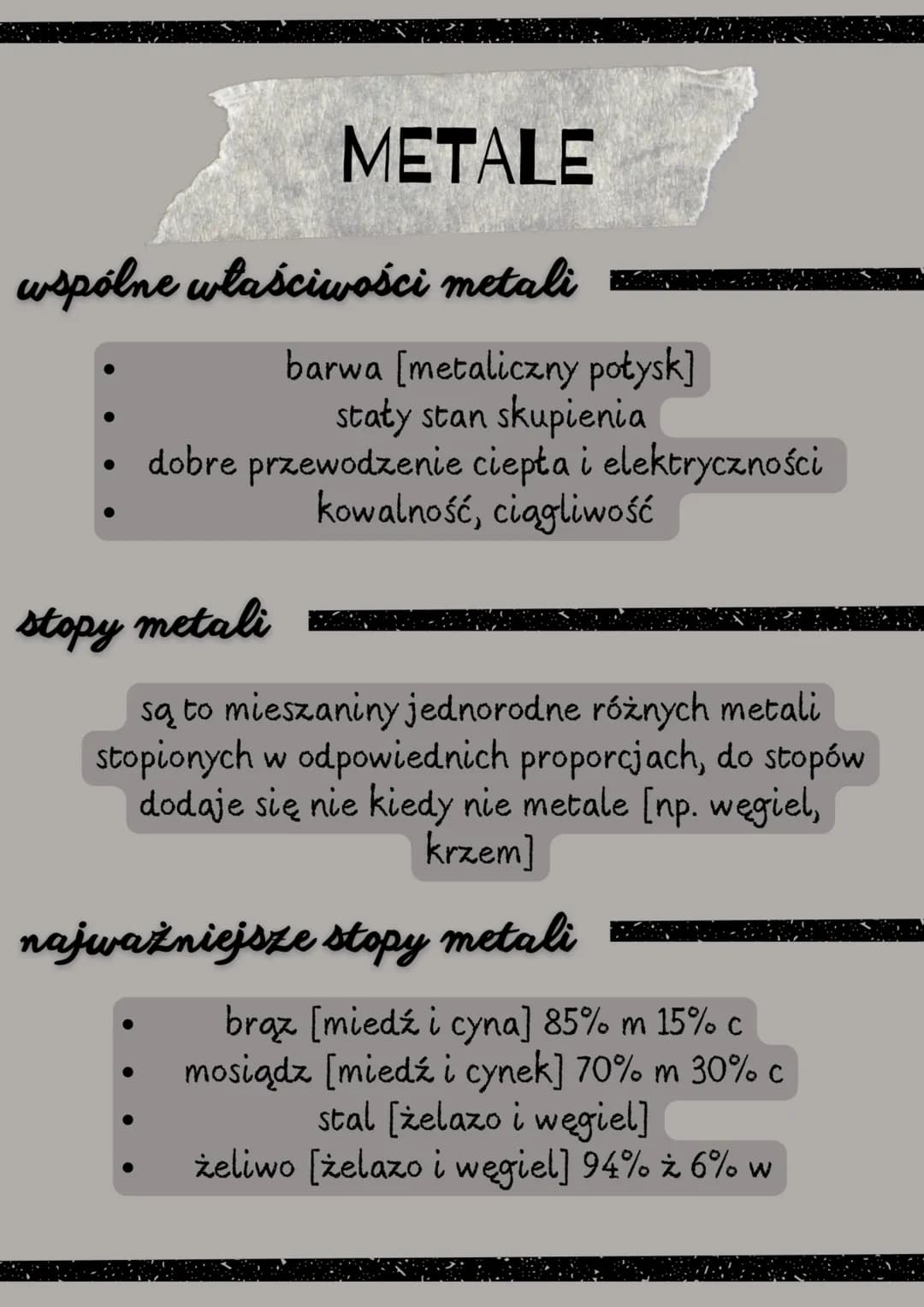 METALE
wspólne właściwości metali
barwa [metaliczny połysk]
staty stan skupienia
dobre przewodzenie ciepła i elektryczności
kowalność, ciągl