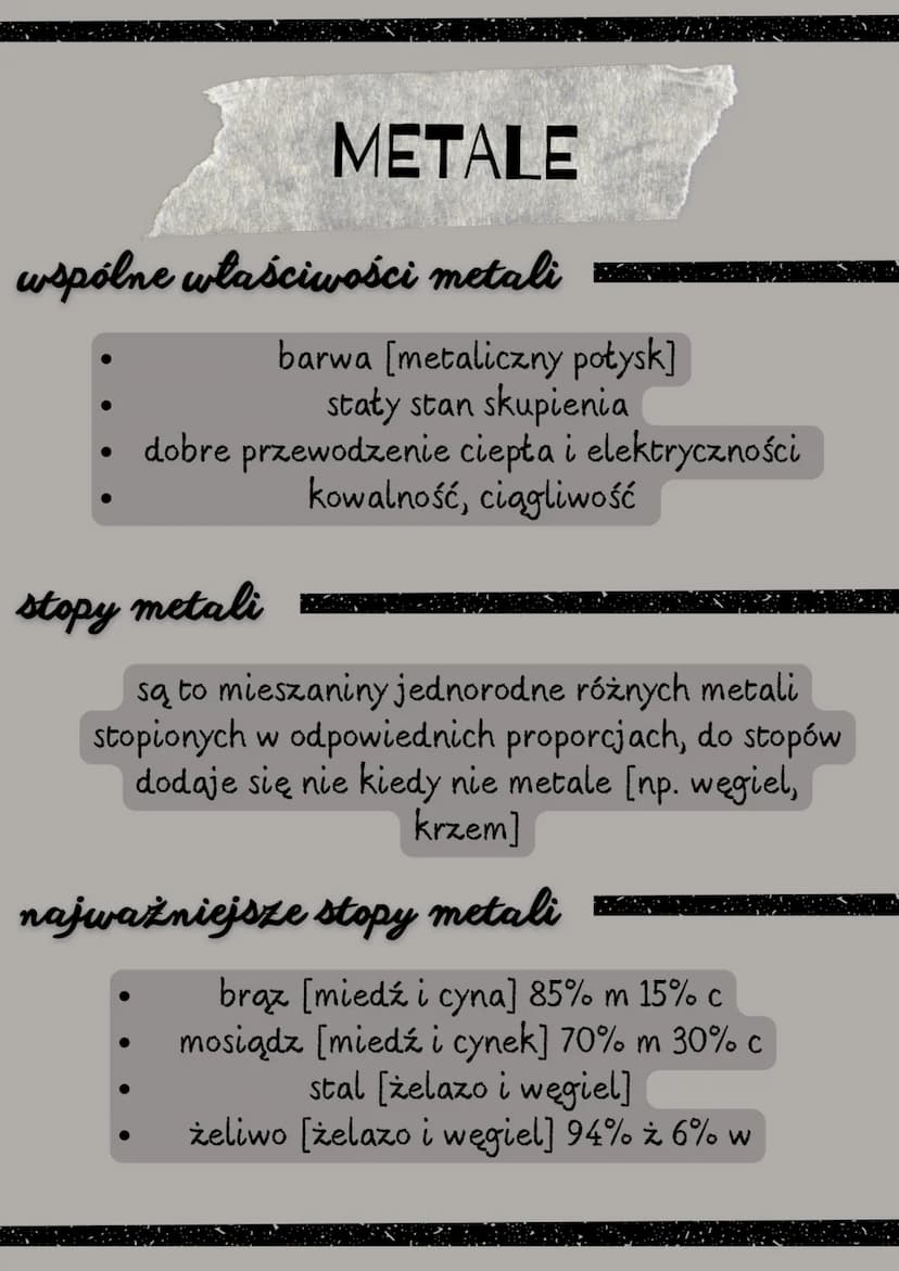 METALE
wspólne właściwości metali
barwa [metaliczny połysk]
staty stan skupienia
dobre przewodzenie ciepła i elektryczności
kowalność, ciągl