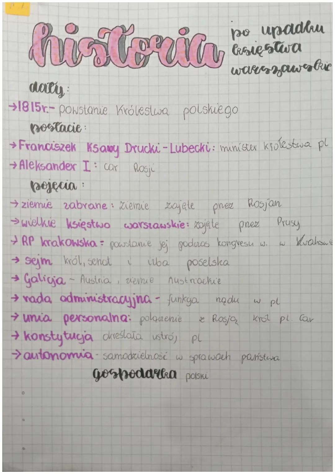 histeria
po upadhu
księstwa
warszawskie
daty
→1815r.- Powstanie Królestwa polskiego
postacie
→ Franciszek Ksawy Drucki-Lubecki: minister kro