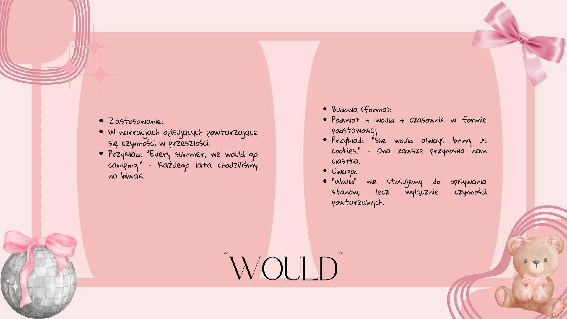 • Zastosowanie:
• Opis nawyków lub stanów z przeszłości,
które już nie występują
• Przykład: "I used to play the piano
when I was a child." 