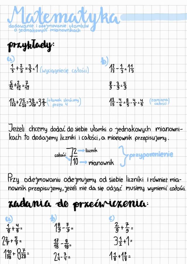 Know dodawanie i odejmowanie ułamków o jednakowych mianownikach  thumbnail