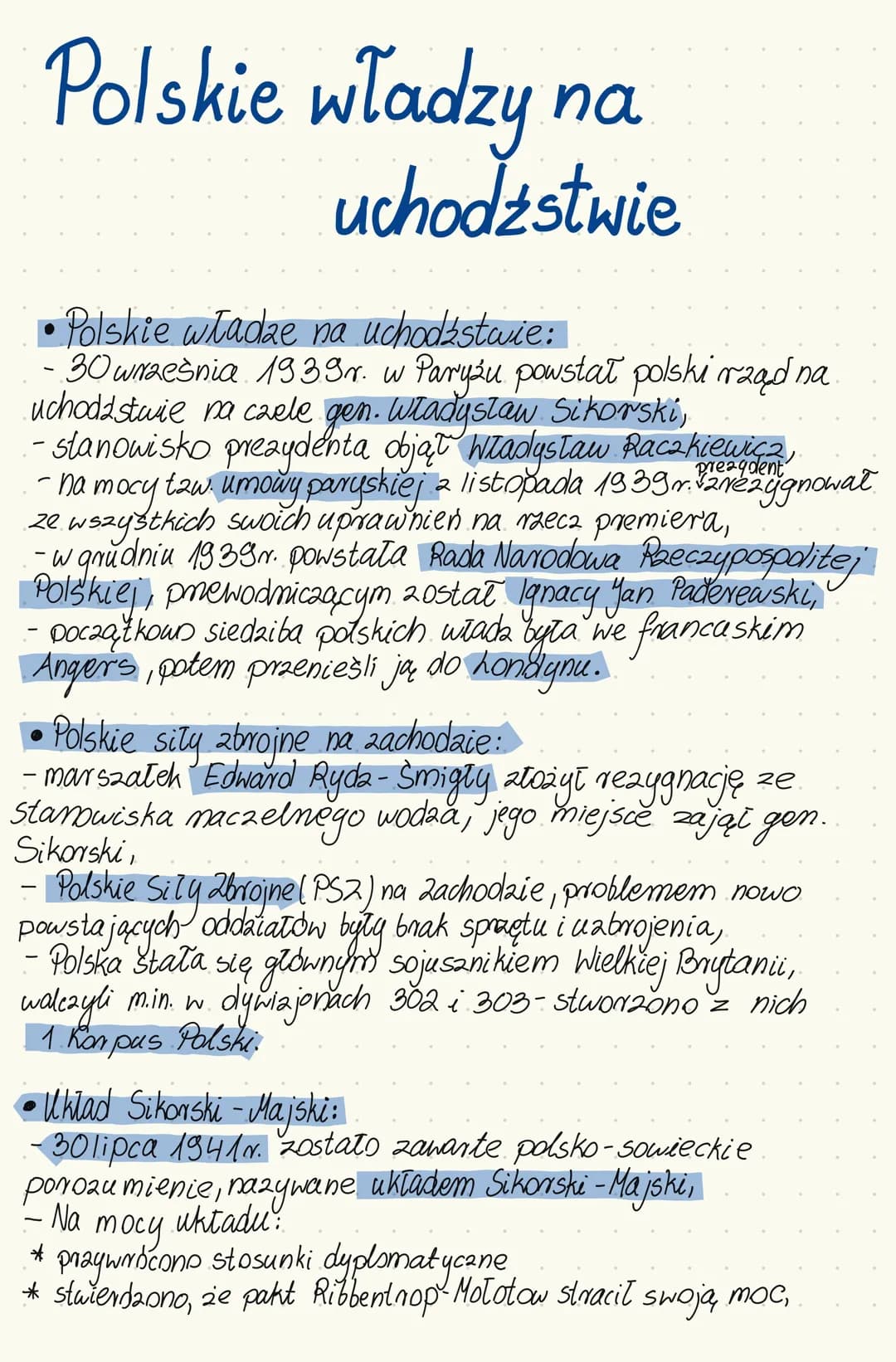 Polskie władzy na
uchodźstwie
• Polskie władze na uchodźstwie:
- 30 września 1939 r. w Paryżu powstał polski rząd na
uchodźstwie na czele ge