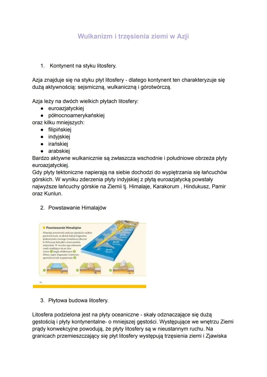 Wulkanizm i trzęsienia ziemi w Azji
1. Kontynent na styku litosfery.
Azja znajduje się na styku płyt litosfery - dlatego kontynent ten chara