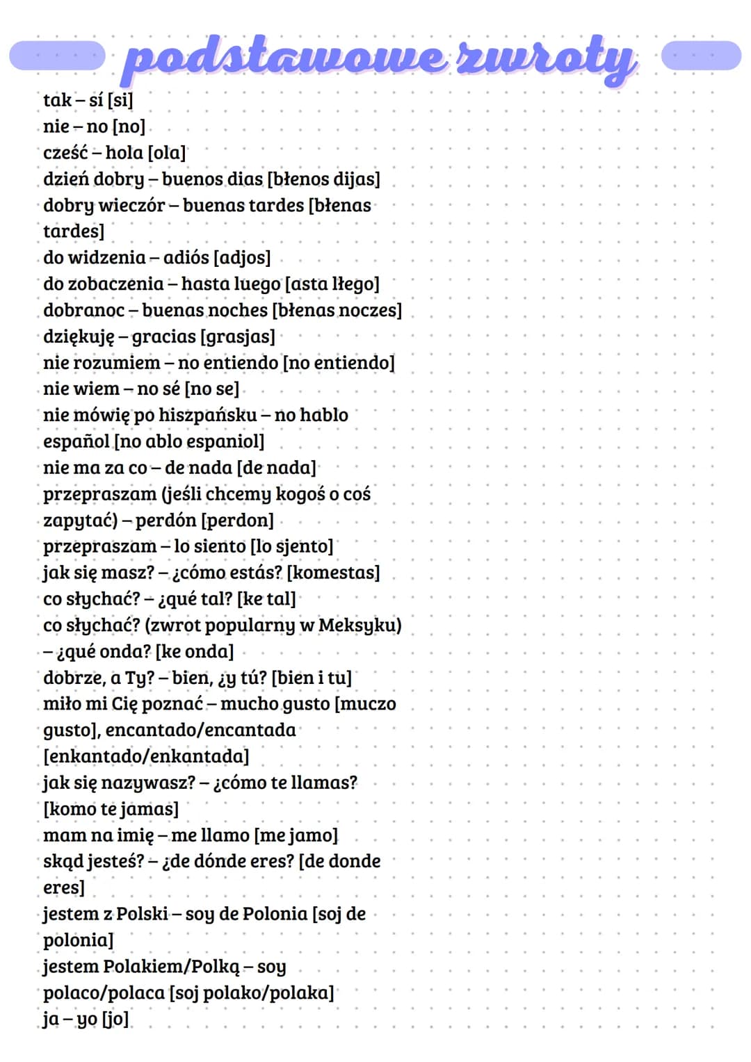 podstawowe zwroty
tak - sí [si]
nie -no [no].
cześć - hola [ola]
dzień dobry-buenos dias [błenos dijas]
dobry wieczór - buenas tardes [błena