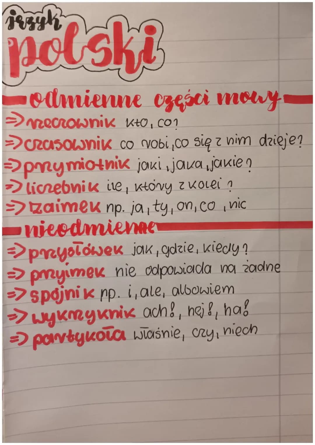 polski
Codmienne części mony
kto, co?
→necrownik
czasownik co vobi, co się z nim dzieje?
jaki, jaka, jakie?
=>przymiotnik
→liczebnik ile, kt