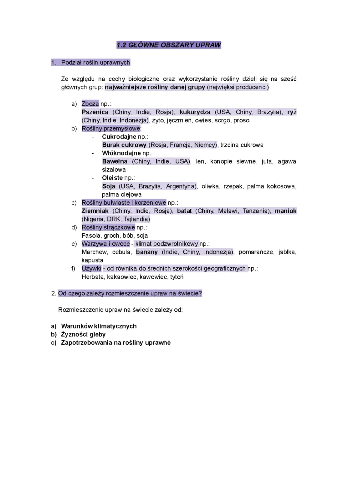 Główne obszary upraw