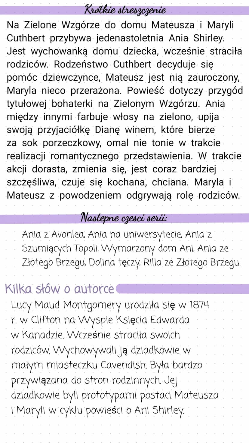 Krótkie streszczenie
Na Zielone Wzgórze do domu Mateusza i Maryli
Cuthbert przybywa jedenastoletnia Ania Shirley.
Jest wychowanką domu dziec