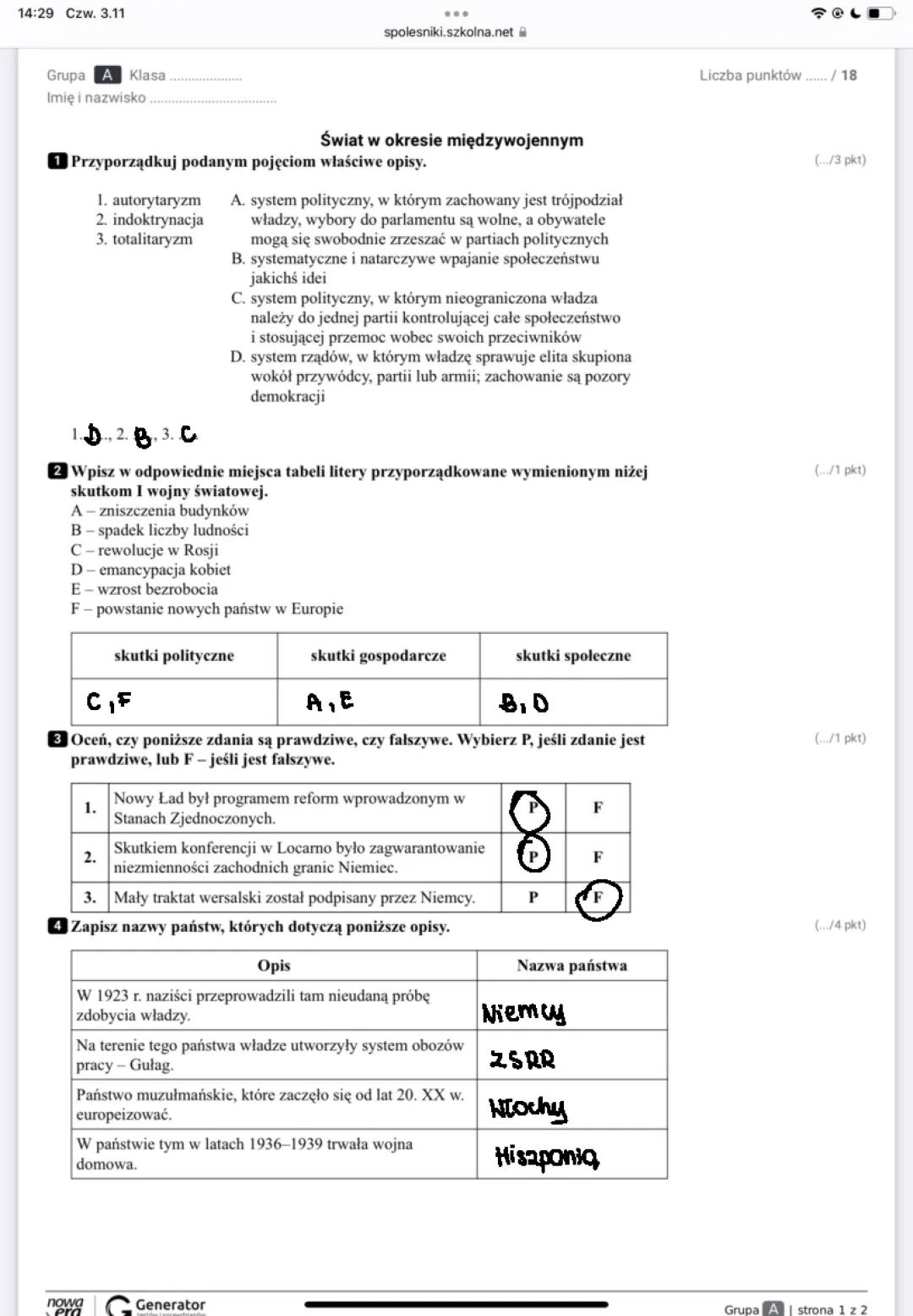 Świat w okresie międzywojennym Sprawdzian Klasa 7 PDF - Totalitaryzm, Autorytaryzm, 1 wojna światowa