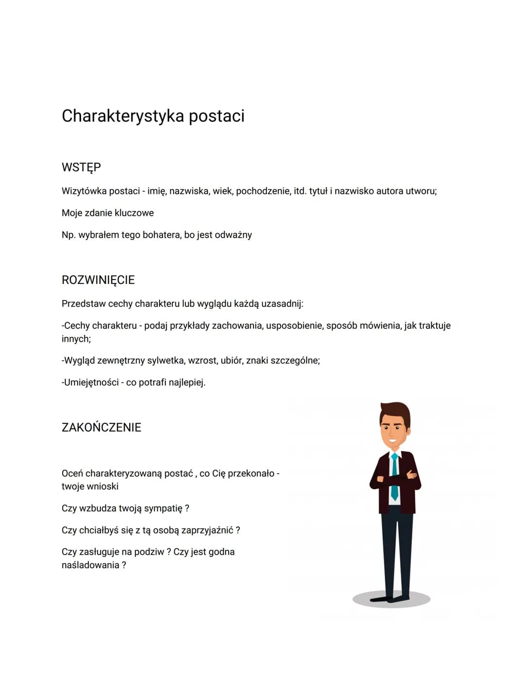 Charakterystyka postaci
WSTĘP
Wizytówka postaci - imię, nazwiska, wiek, pochodzenie, itd. tytuł i nazwisko autora utworu;
Moje zdanie kluczo
