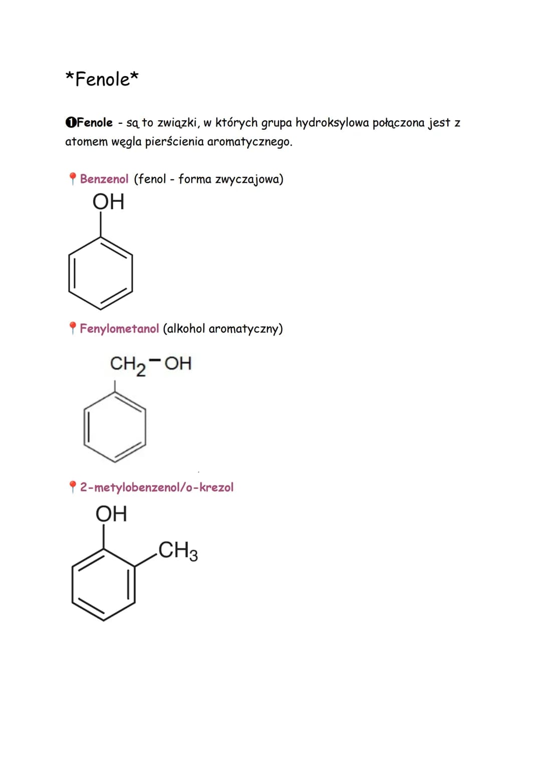 *Fenole*
●Fenole - są to związki, w których grupa hydroksylowa połączona jest z
atomem węgla pierścienia aromatycznego.
Benzenol (fenol - fo