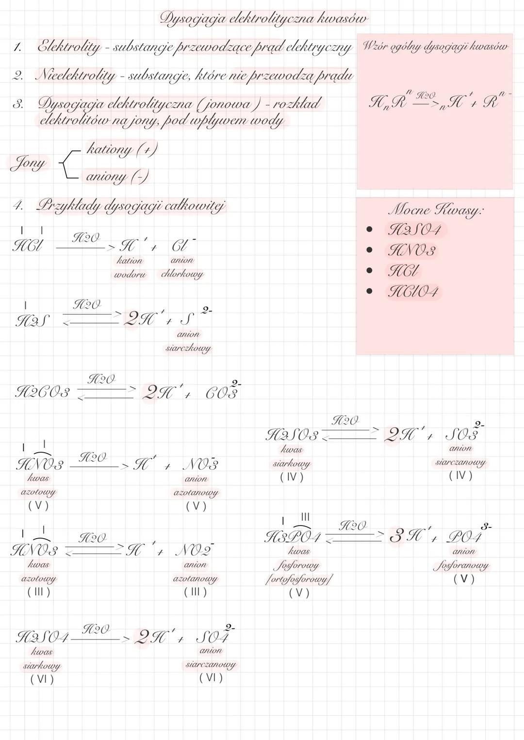 Dysocjacja elektrolityczna kwasów
1. Elektrolity- substancje przewodzące prąd elektryczny Wzór ogólny dysocjacji kwasów
2. Nieelektrolity- s