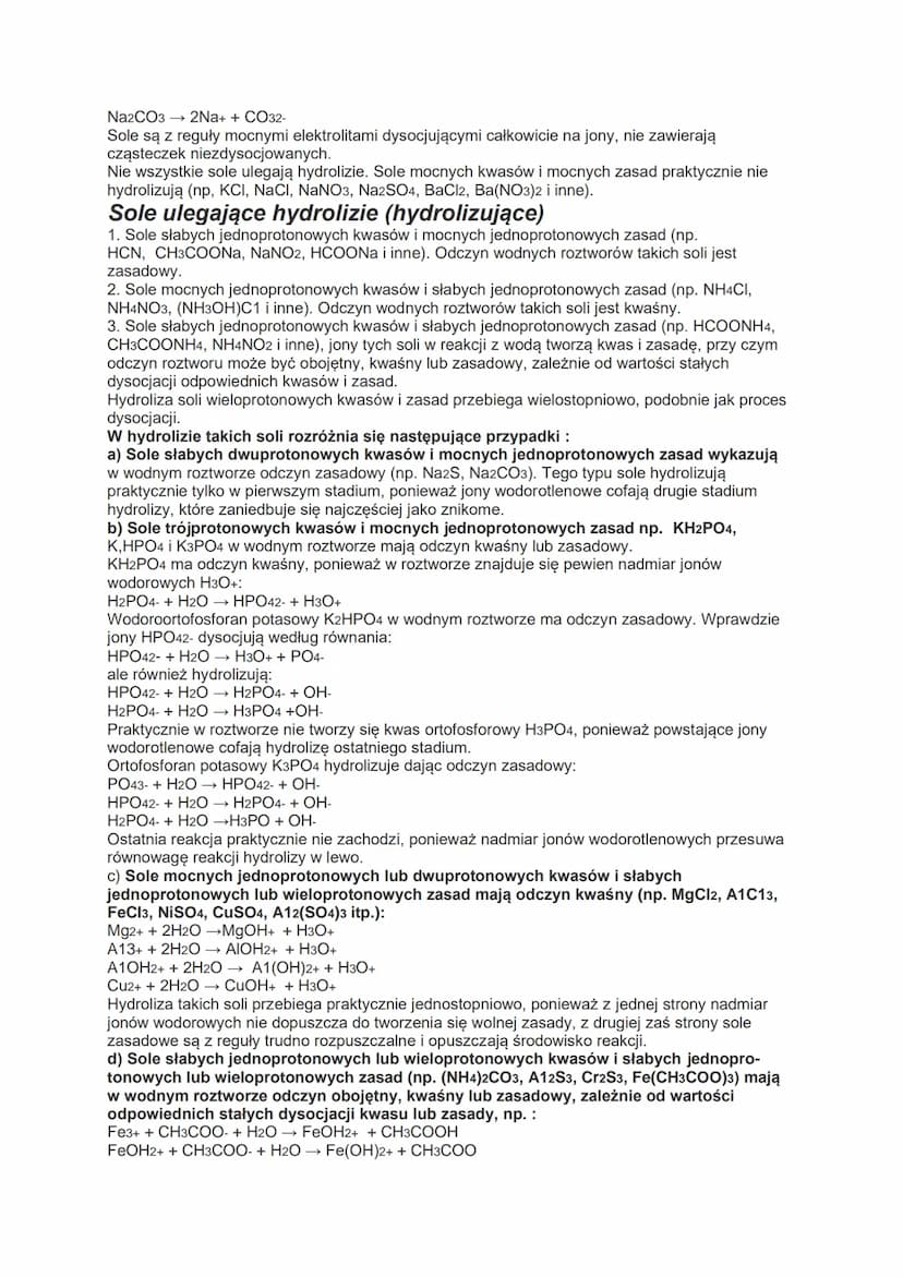 Związki soli dobrze rozpuszczalne w wodzie i chętnie
dysocjujące na jony
Na2SO4 →2Na+ + SO42-
CdCl2 → Cd2+ + 2Cl-
Sole nierozpuszczalne w wo