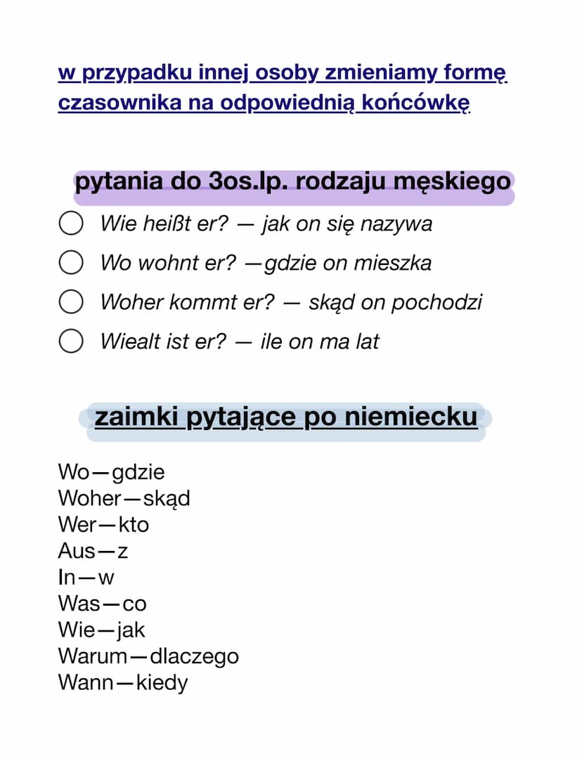 podstawowe pytania i odpowiedzi
pytania do 2 os.lp.
O Wie heißt du? – jak się nazywasz
Wer bist du? - jak się nazywasz
Wo wohnst du? - gdzie