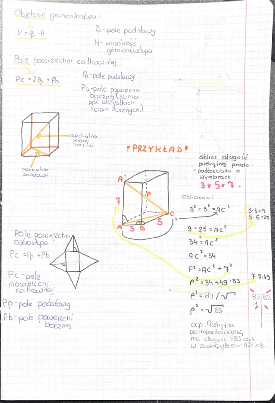 --- OCR Start ---
D
PRZYKŁAD:
W $P_{P}=6^{2}=6\cdot6=36$
00
C
A
6
6
B
W
$3^{2}+8^{2}=h^{2}$
$3\cdot3=9$
$8\cdot8=64$
$9-64=55$ $Pb=4\cdot\fr